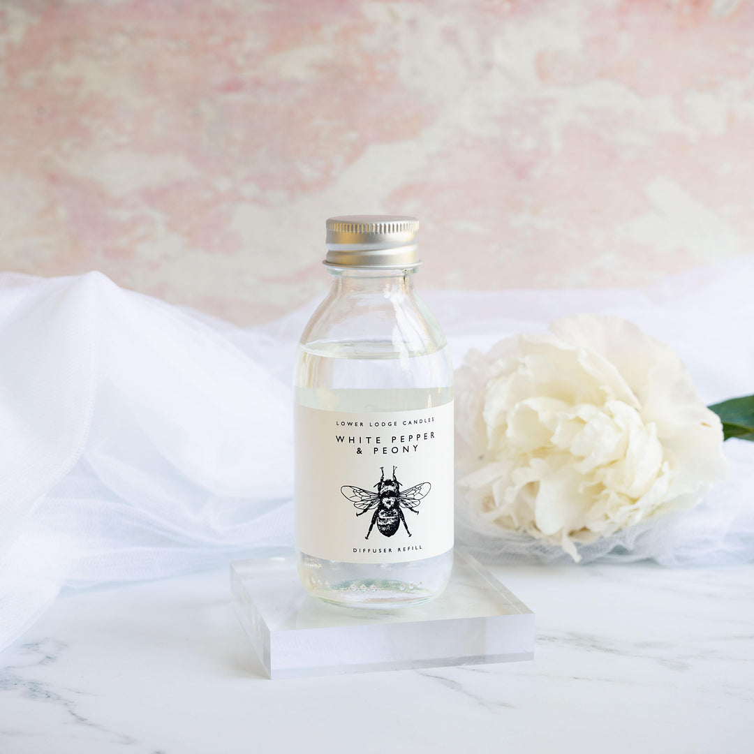 White Pepper and Peony Scented Reed Diffuser Refill - Reed Diffuser - Lower Lodge Candles