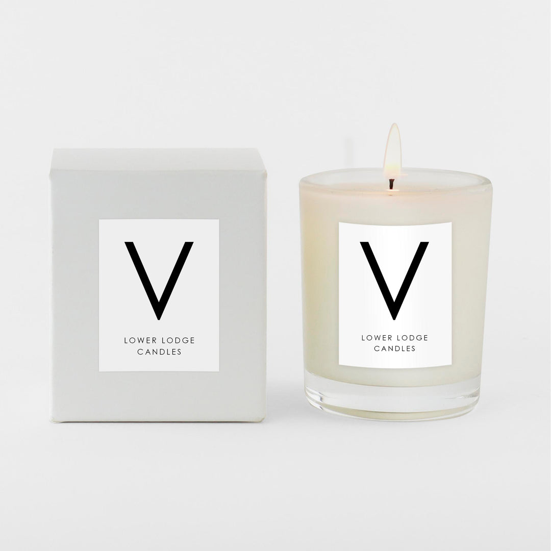 V initial scented candle