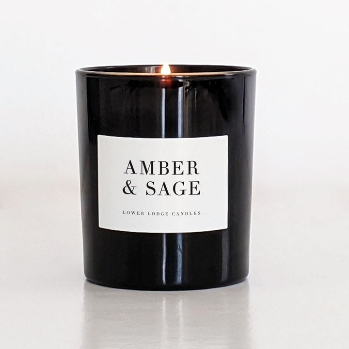Amber & Sage 200g Scented Candle in black candle glass