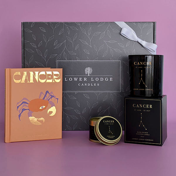 Cancer Zodiac Birthday Gift Box from Lower Lodge Candles. Including a Cancer Zodiac Candle, Cancer Zodiac Tin Candle and Cancer Book by Stella Andromeda.  