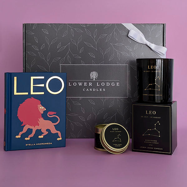 Our Leo Zodiac Birthday Box from Lower Lodge Candles. Includes  a Leo Zodiac Candle, Leo Zodiac Tin Candle and Leo Book by Stella Andromeda.