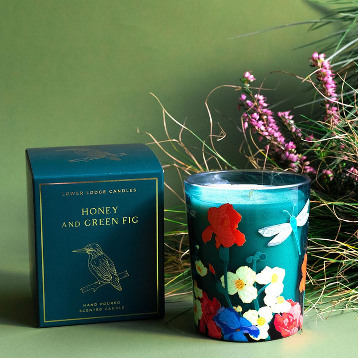 Honey & Green Fig Scented Candle with teal and gold box 