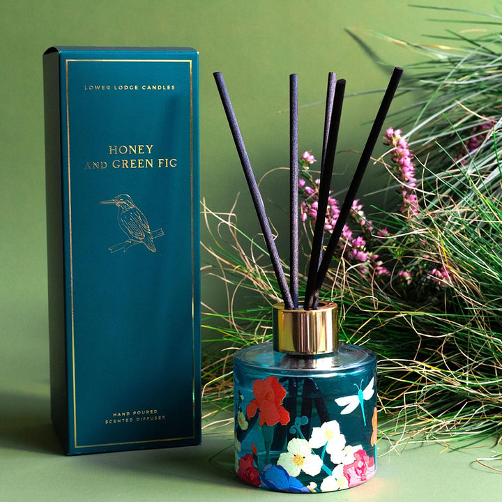 Honey & Green Fig Scented Luxury Reed Diffuser with teal and gold box
