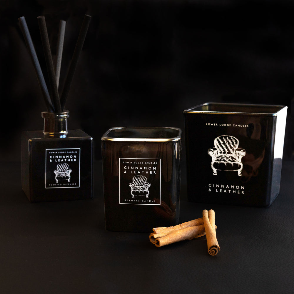 Men's Cinnamon & Leather Home Fragrance Range from Lower Lodge Candles. Featuring Cinnamon & Leather Scented Diffuser, Cinnamon & Leather Home Scented Candle and the Cinnamon & Leather Deluxe Scented Candle.