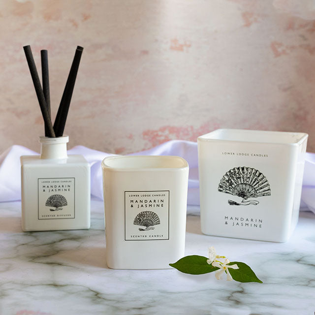 His & Hers Mandarin & Jasmine Home Fragrance Range from Lower Lodge Candles. Featuring Mandarin & Jasmine Scented Diffuser, Mandarin & Jasmine Home Scented Candle and the Mandarin & Jasmine Deluxe Scented Candle.